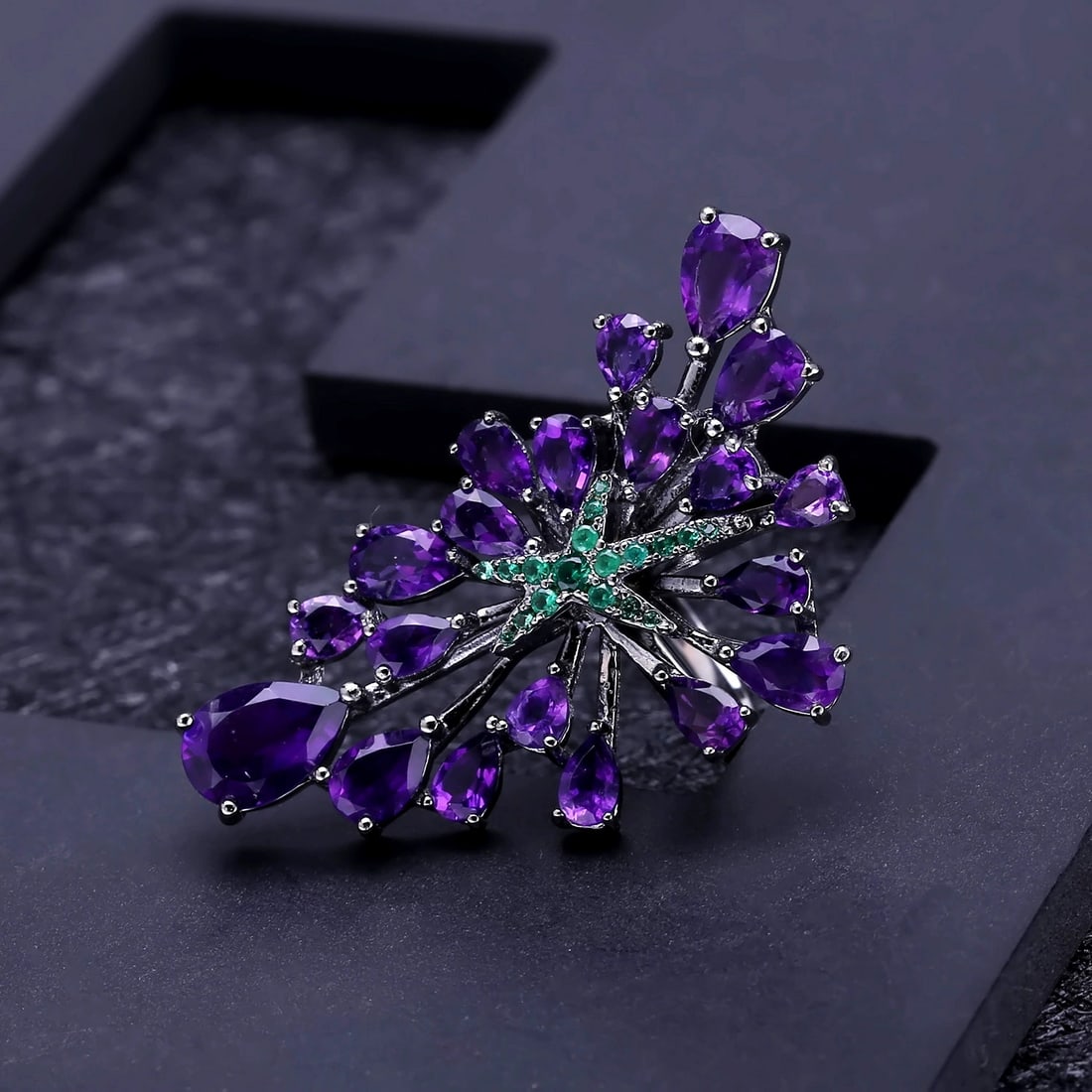 925 Sterling Silver Natural Amethyst & Nano Emerald Ring - 4