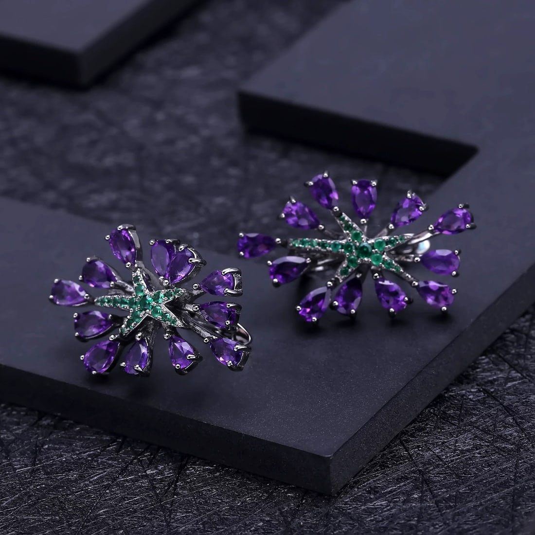 925 Sterling Silver Natural Amethyst & Nano Emerald Earrings - 4