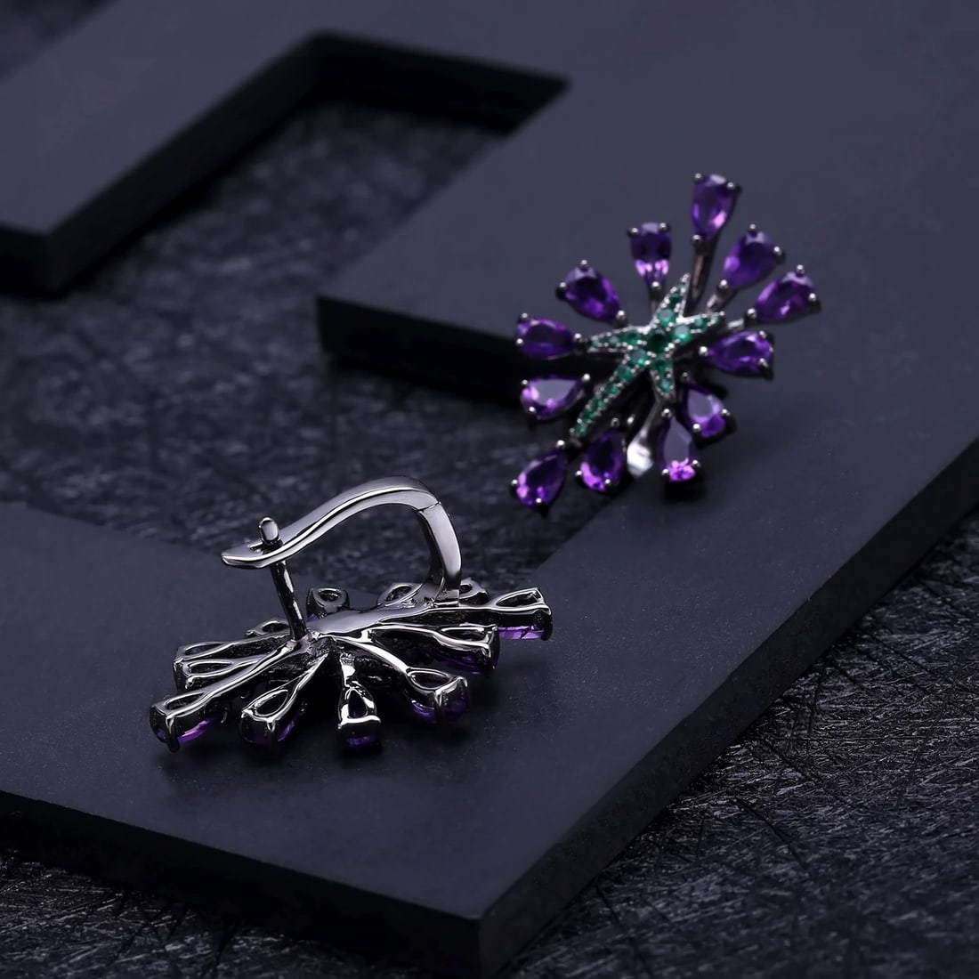 925 Sterling Silver Natural Amethyst & Nano Emerald Earrings - 5