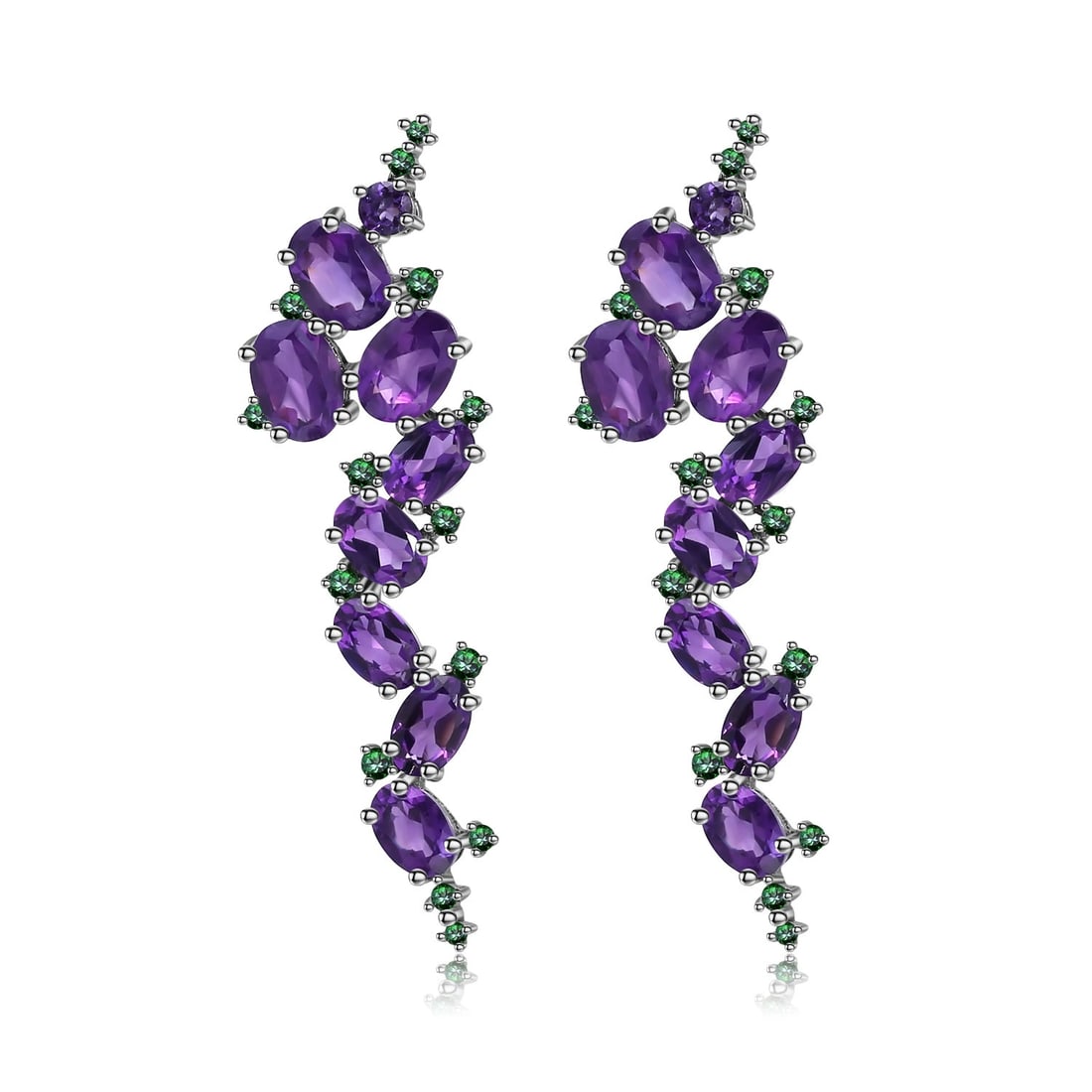 925 Sterling Silver Natural Amethyst & Nano Emerald Earrings: Ref:260821271 // gold content:925 sterling silver // main gemstone:amethyst // shape:oval // carat weight: // color:purple // treatment:natural // // adjacent gemstone 2 : nano emerald // shape:round