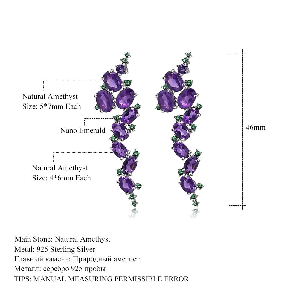 925 Sterling Silver Natural Amethyst & Nano Emerald Earrings - 2