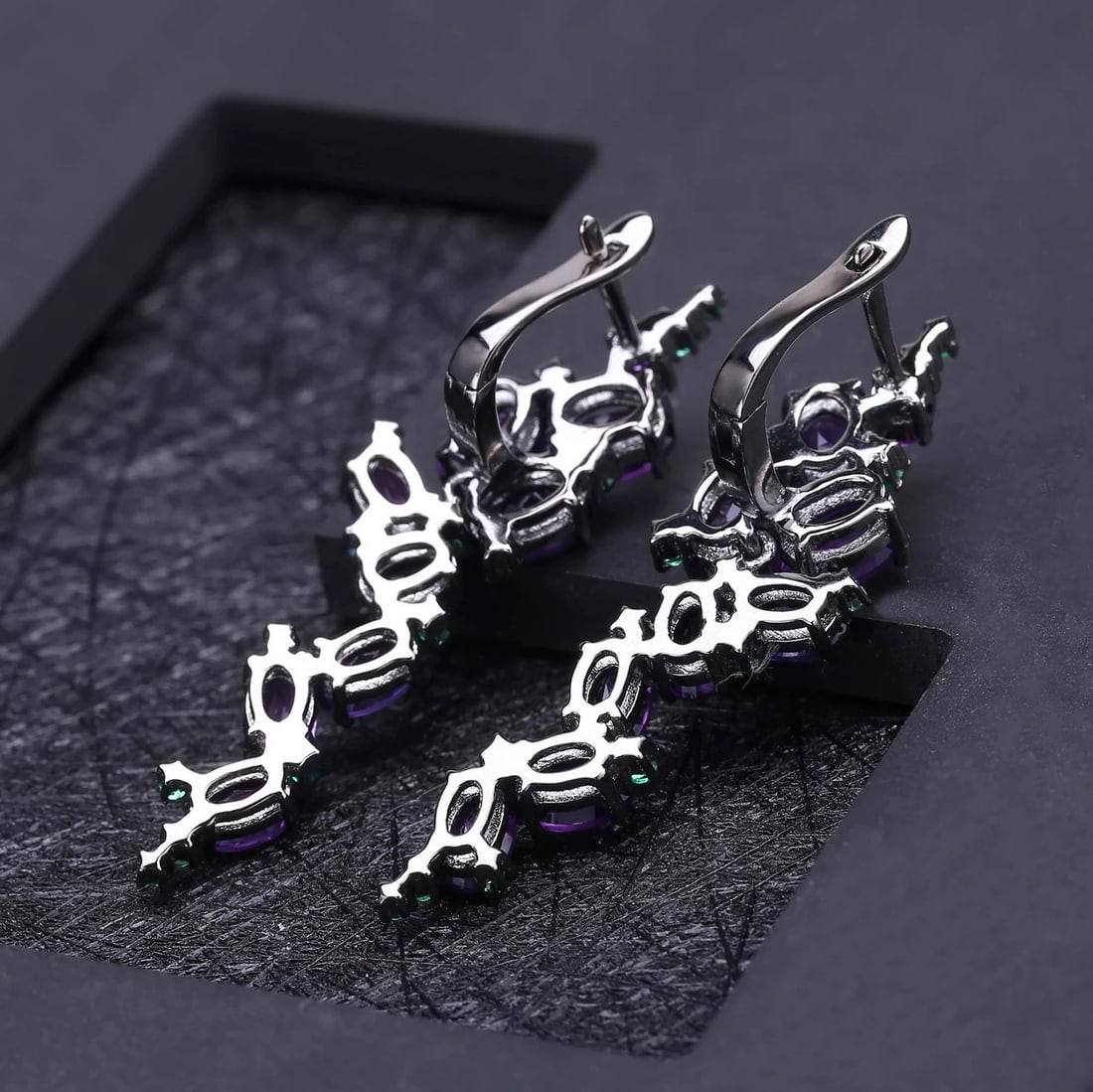925 Sterling Silver Natural Amethyst & Nano Emerald Earrings - 3