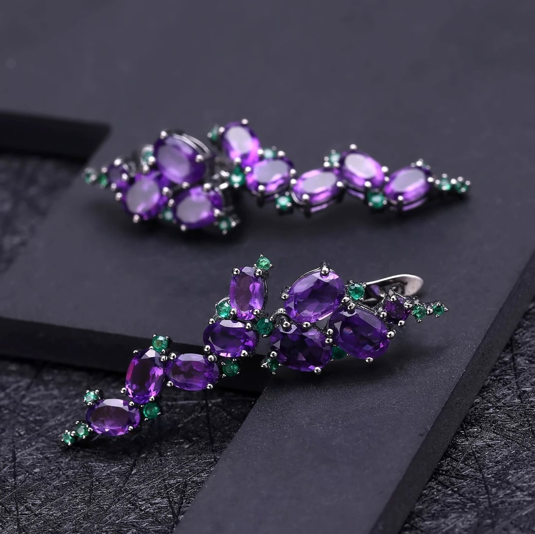 925 Sterling Silver Natural Amethyst & Nano Emerald Earrings - 4