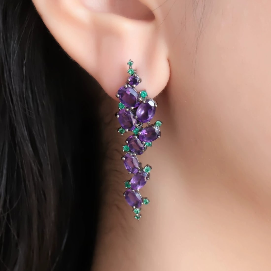 925 Sterling Silver Natural Amethyst & Nano Emerald Earrings - 5