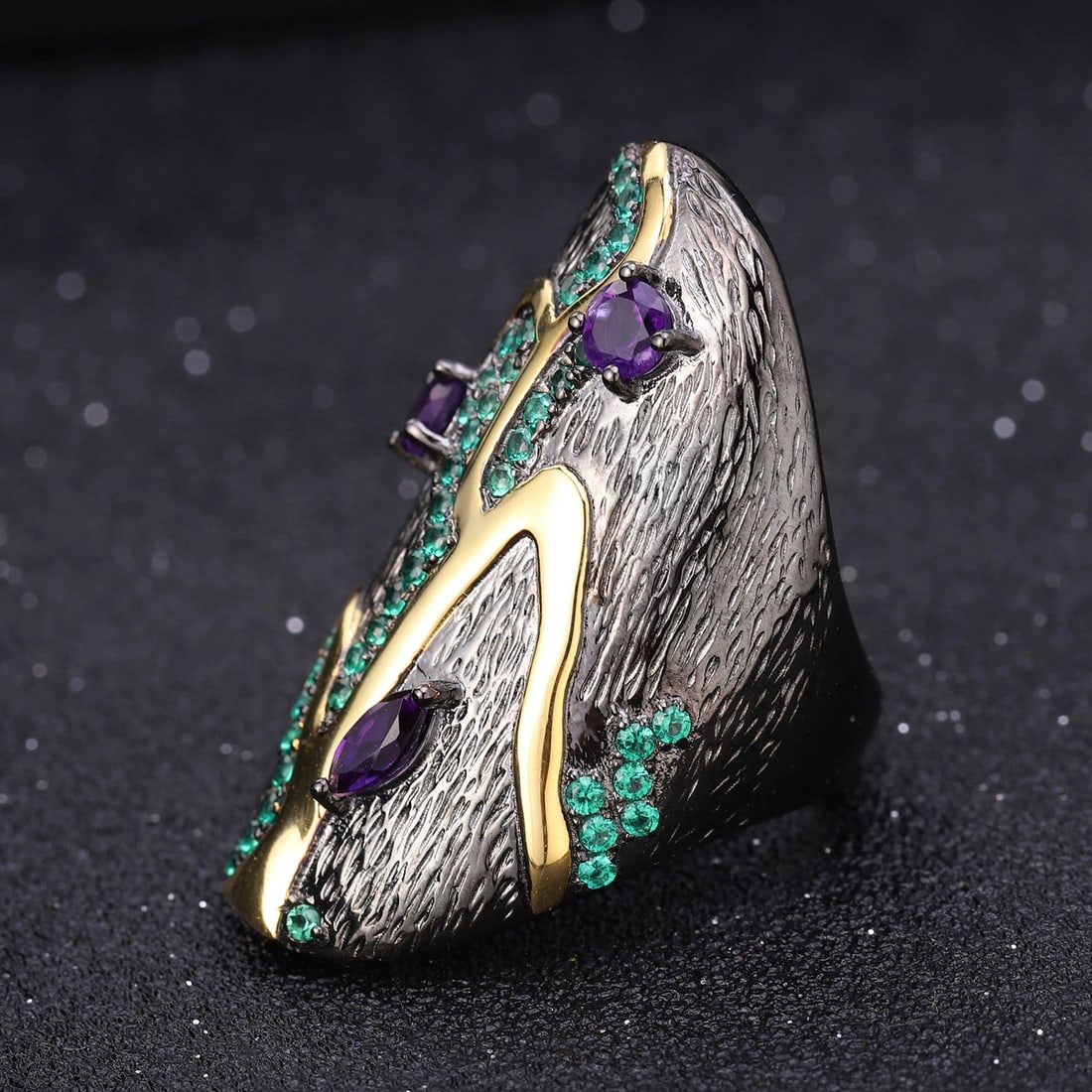 925 Sterling Silver Natural Amethyst & Nano Emerald Ring - 2
