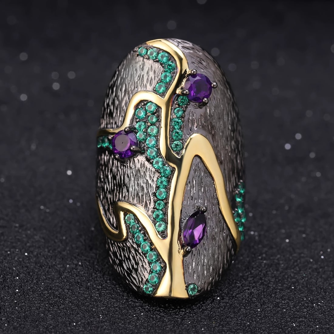 925 Sterling Silver Natural Amethyst & Nano Emerald Ring - 4