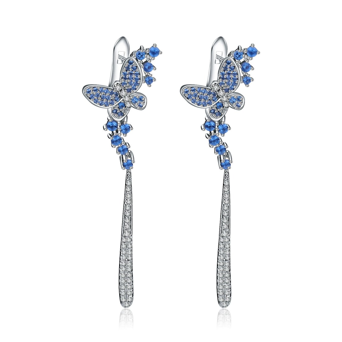925 Sterling Silver Nano Swiss Blue & Cubic Zirconia & Butterfly Earrings: Ref:260821276 // gold content:925 sterling silver // main gemstone:nano swiss blue // shape:round // carat weight: // color:blue // cut grade:g // // adjacent gemstone 2 : cubic zirconia //