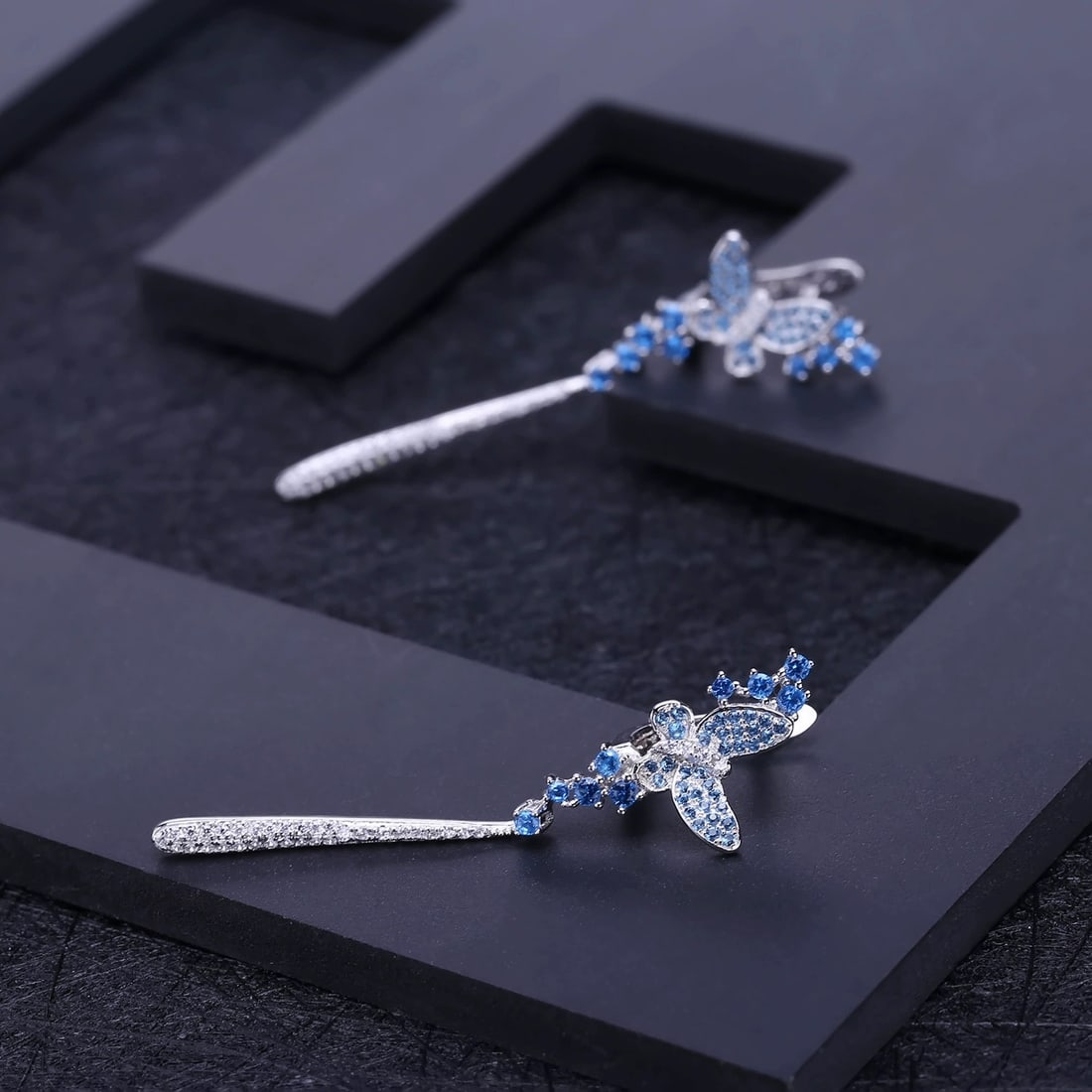 925 Sterling Silver Nano Swiss Blue & Cubic Zirconia & Butterfly Earrings - 2