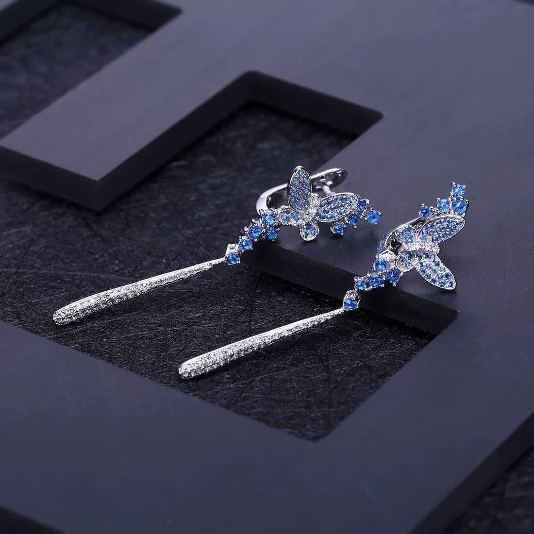 925 Sterling Silver Nano Swiss Blue & Cubic Zirconia & Butterfly Earrings - 5