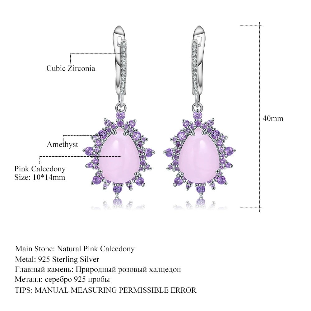 925 Sterling Silver Natural Pink Chalcedony & Amethyst Earrings - 3