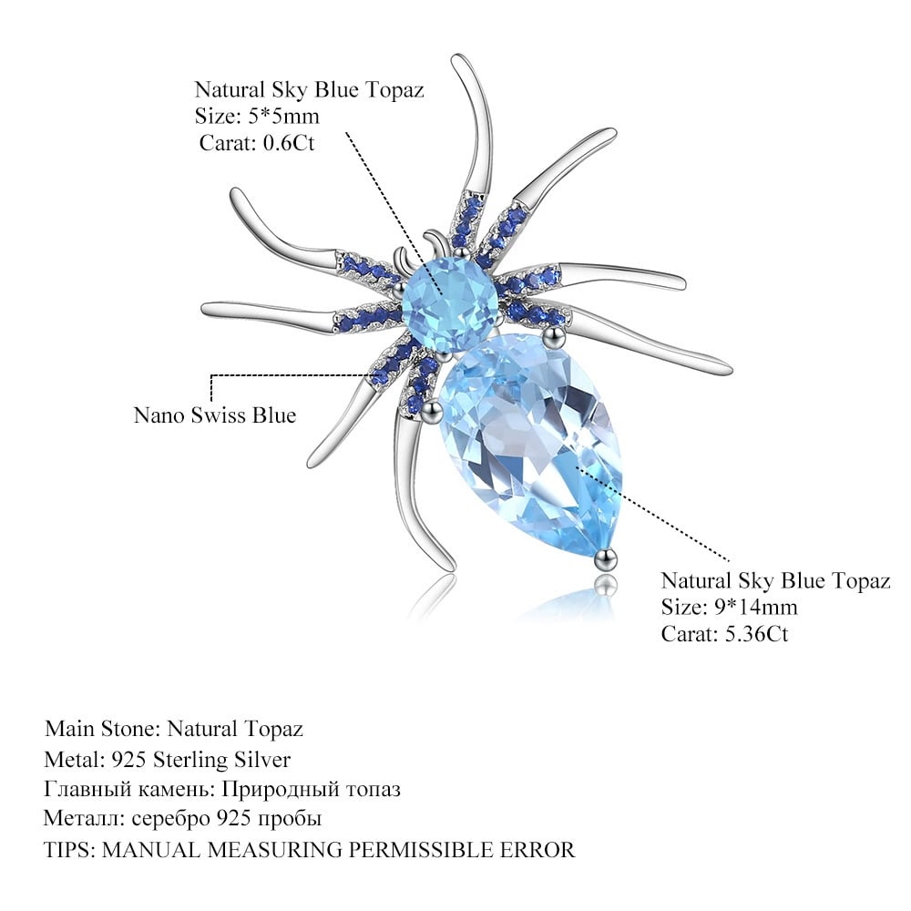 925 Sterling Silver 5.96 Ct Natural Topaz & Nano Swiss Blue & Spider Brooch - 4