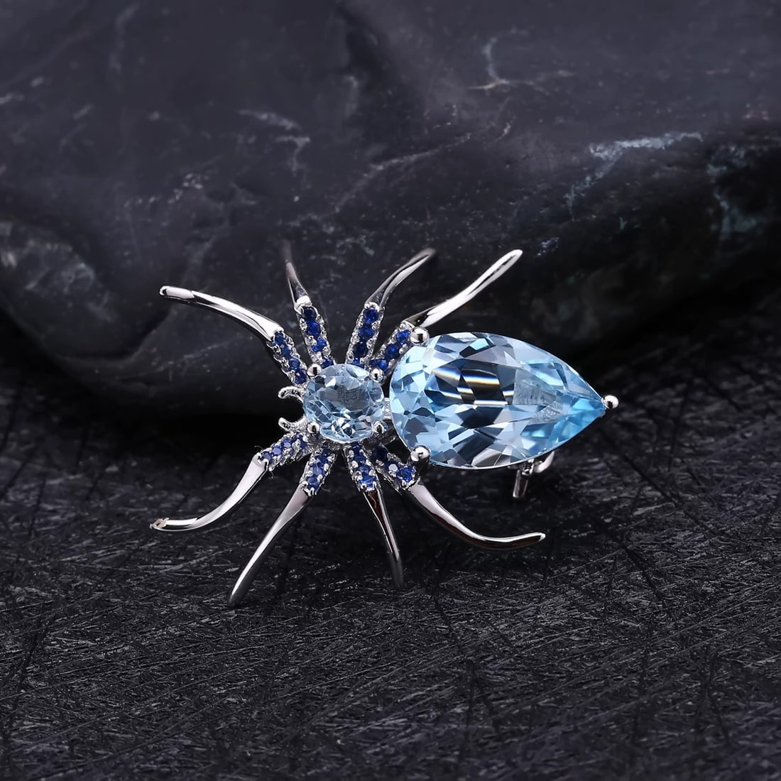 925 Sterling Silver 5.96 Ct Natural Topaz & Nano Swiss Blue & Spider Brooch - 5