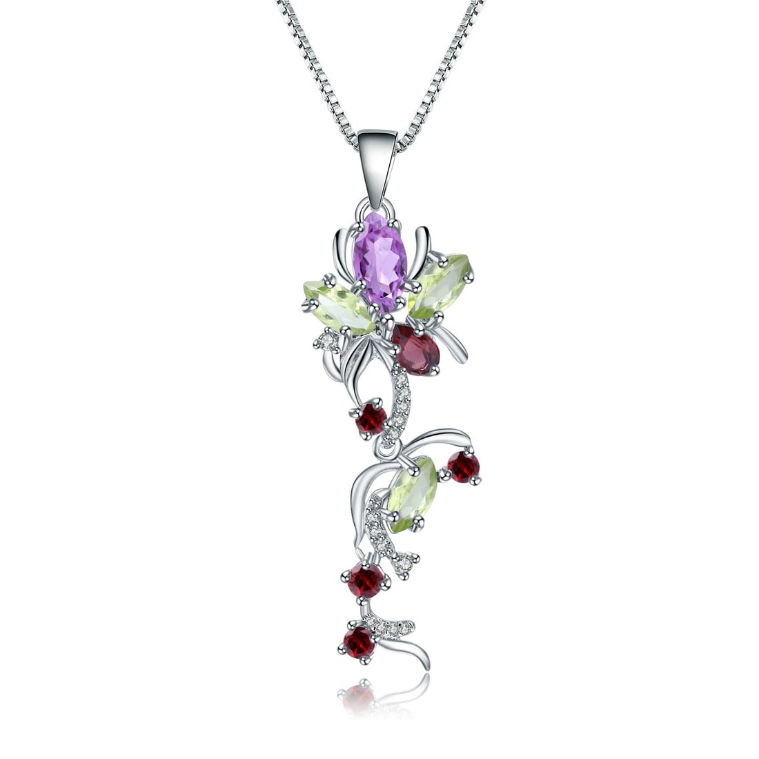 925 Sterling Silver Natural Amethyst & Peridot & Garnet & Cubic Zirconia Necklace: Ref:260821280 // gold content:925 sterling silver // main gemstone:amethyst // shape:marquise // carat weight: // color:purple // treatment:natural // // adjacent gemstone 2 : peridot // shape:marquis