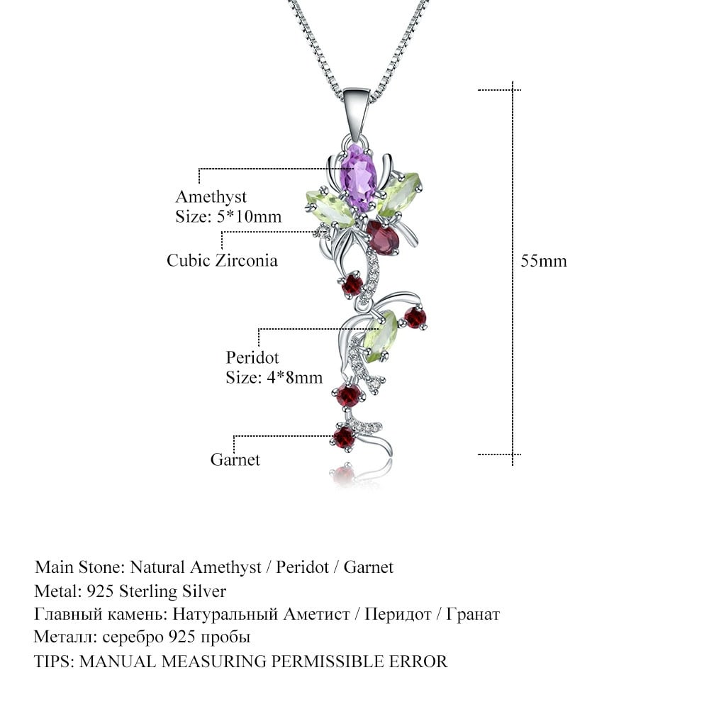 925 Sterling Silver Natural Amethyst & Peridot & Garnet & Cubic Zirconia Necklace - 2
