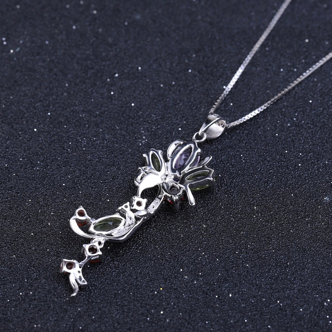 925 Sterling Silver Natural Amethyst & Peridot & Garnet & Cubic Zirconia Necklace - 3
