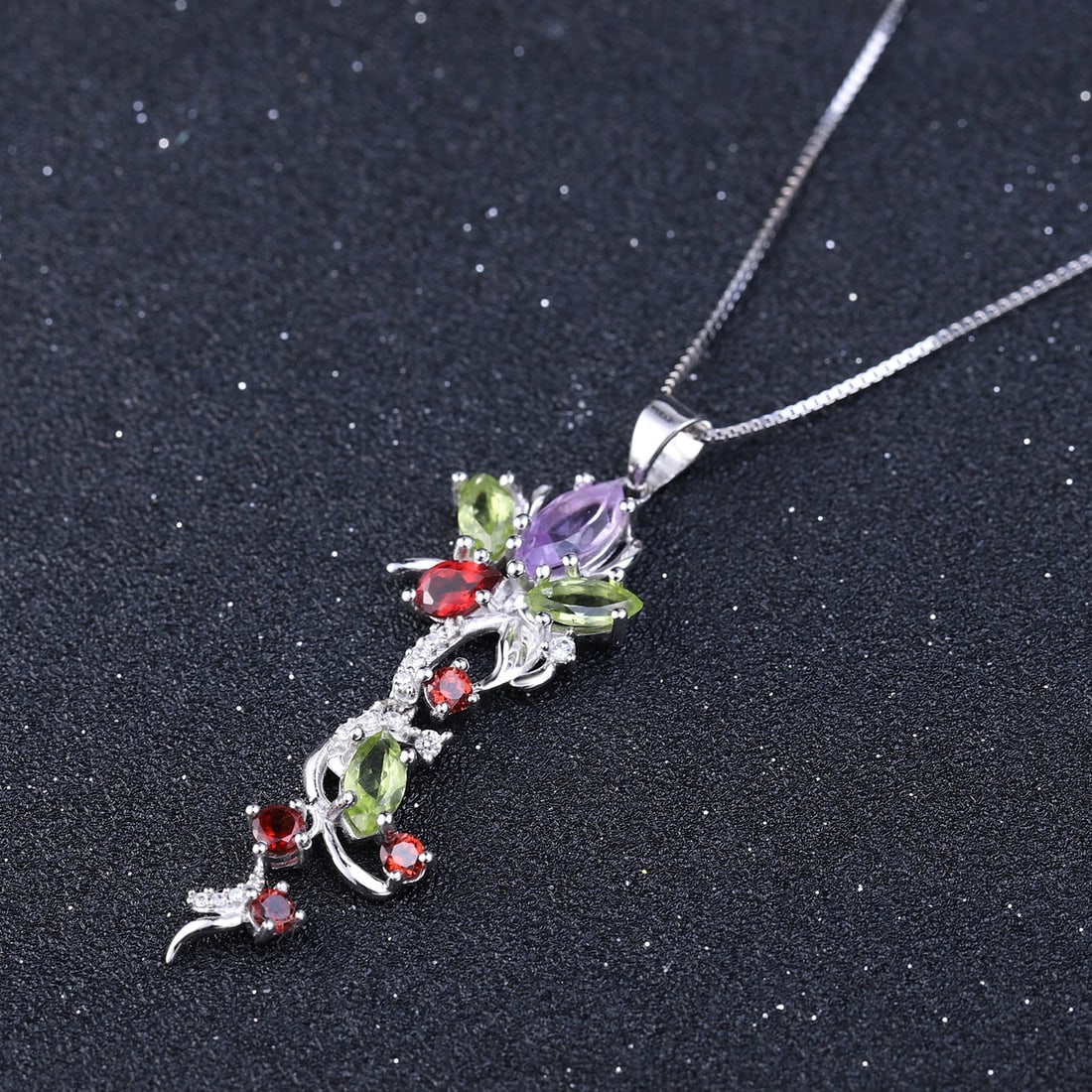 925 Sterling Silver Natural Amethyst & Peridot & Garnet & Cubic Zirconia Necklace - 4