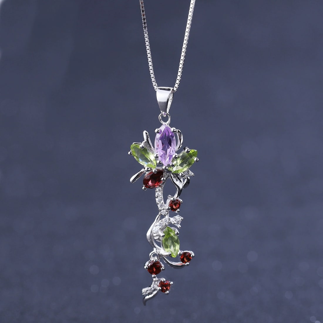 925 Sterling Silver Natural Amethyst & Peridot & Garnet & Cubic Zirconia Necklace - 5