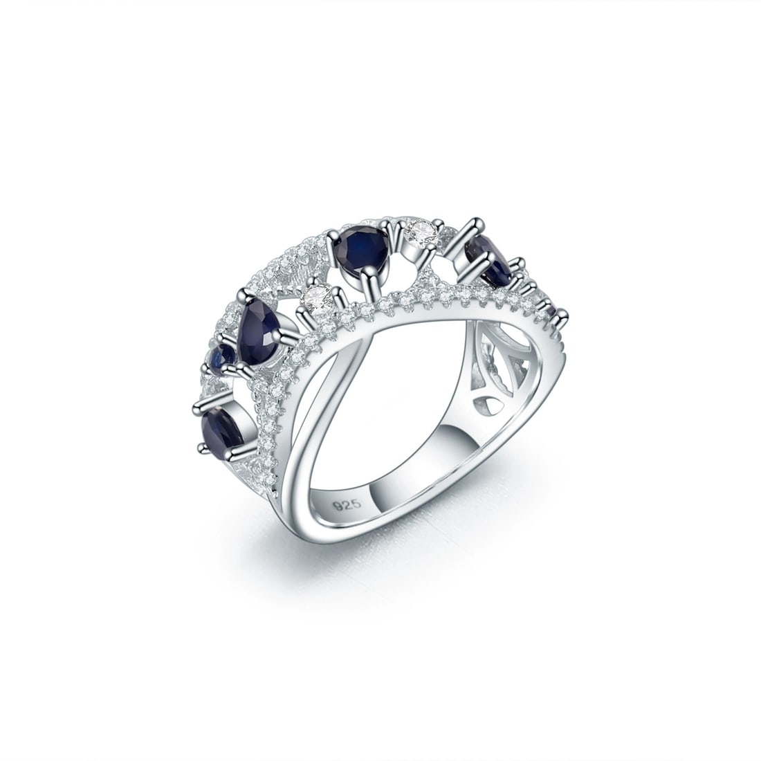 925 Sterling Silver Natural Sapphire & Cubic Zirconia Ring: Ref:260821283 // gold content:925 sterling silver // ring size:7. 25us // // main gemstone:sapphire // shape:pear // carat weight: // color:blue // treatment:natural // // adjacent gemstone 2 : cubic