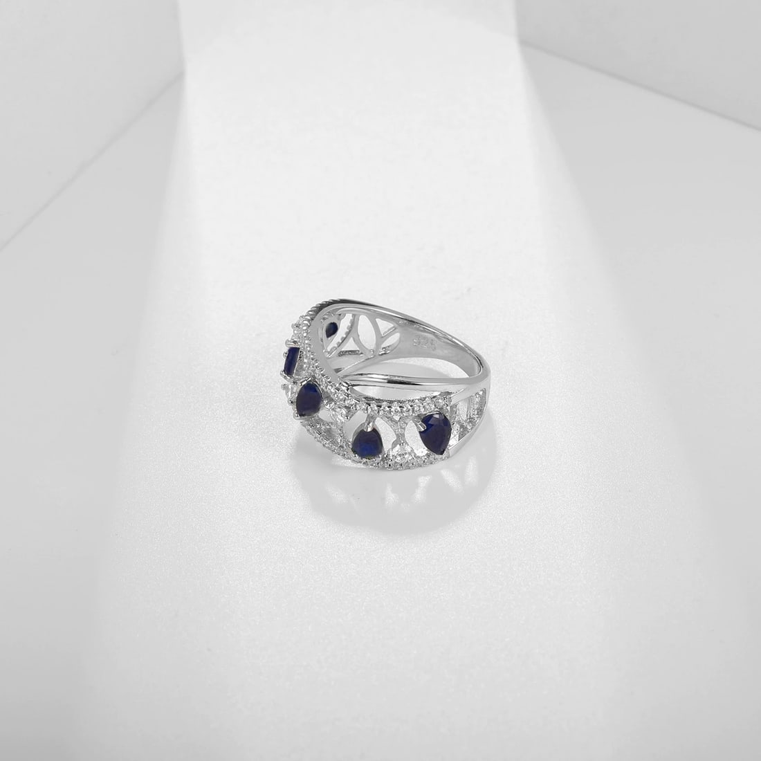 925 Sterling Silver Natural Sapphire & Cubic Zirconia Ring - 2