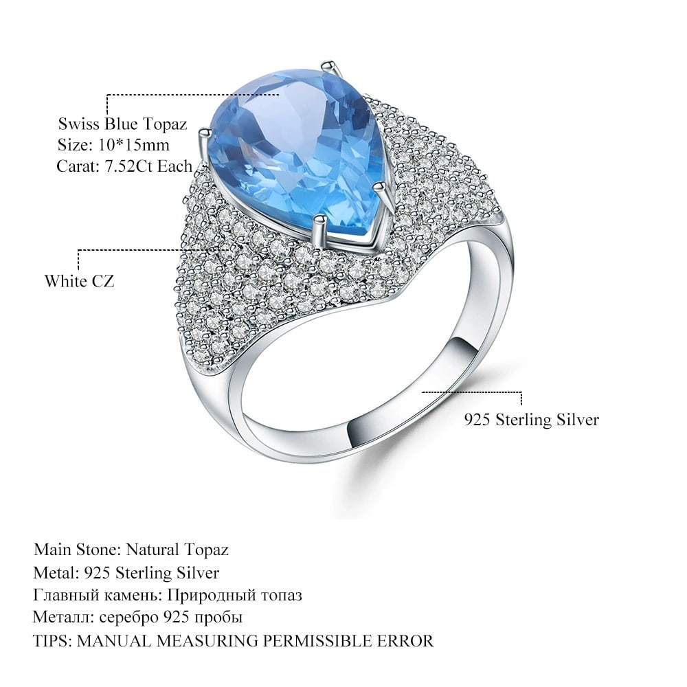 925 Sterling Silver 7.52 Ct Natural Topaz & Cubic Zirconia Ring - 7
