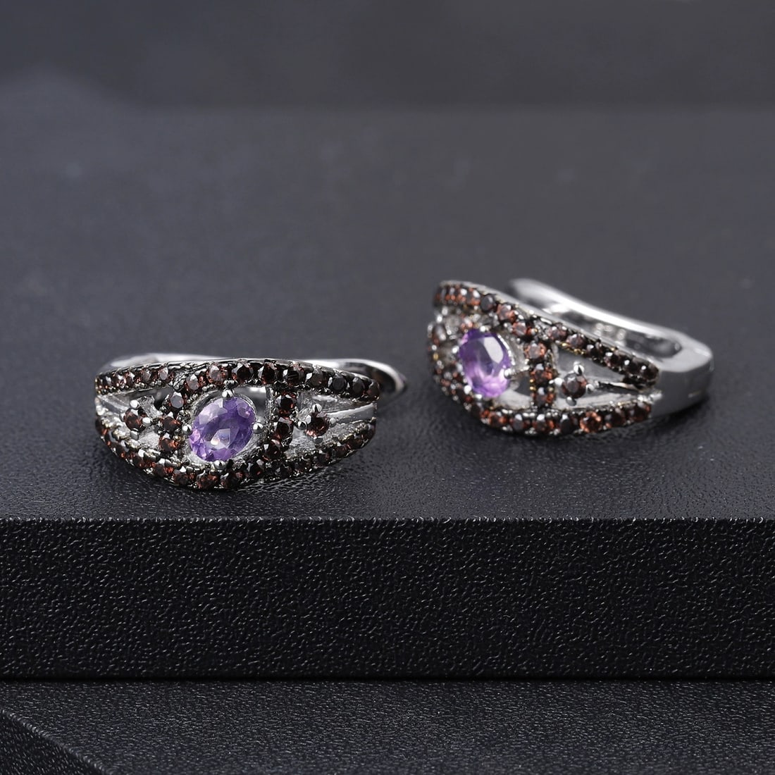 925 Sterling Silver Natural Amethyst & Nano Smoky Earrings - 5