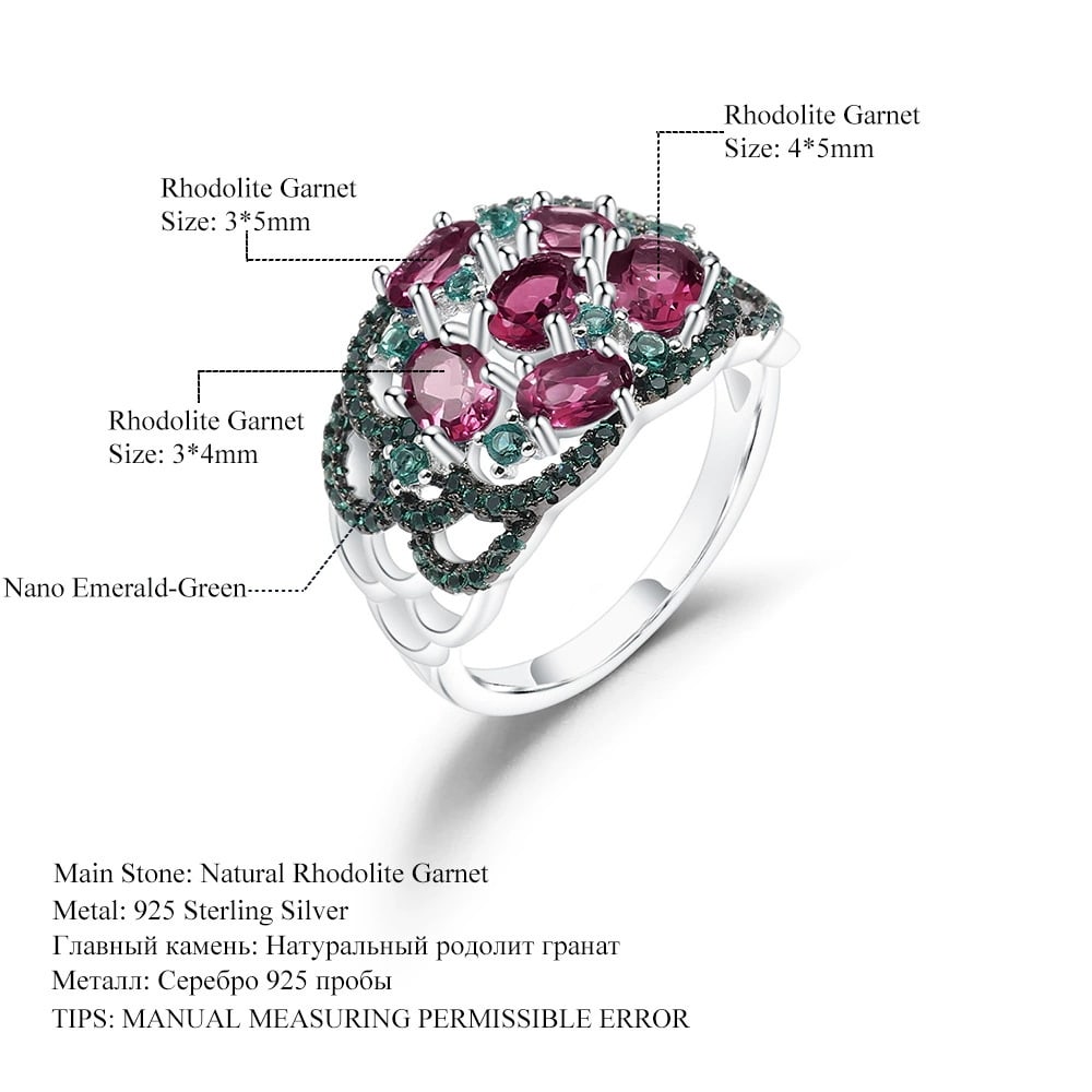 925 Sterling Silver Natural Rhodolite Garnet & Nano Emerald Ring - 2