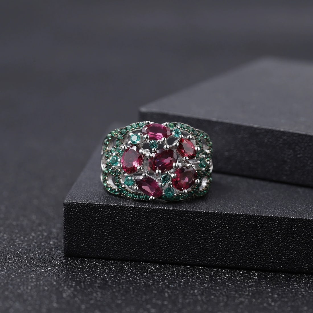 925 Sterling Silver Natural Rhodolite Garnet & Nano Emerald Ring - 3