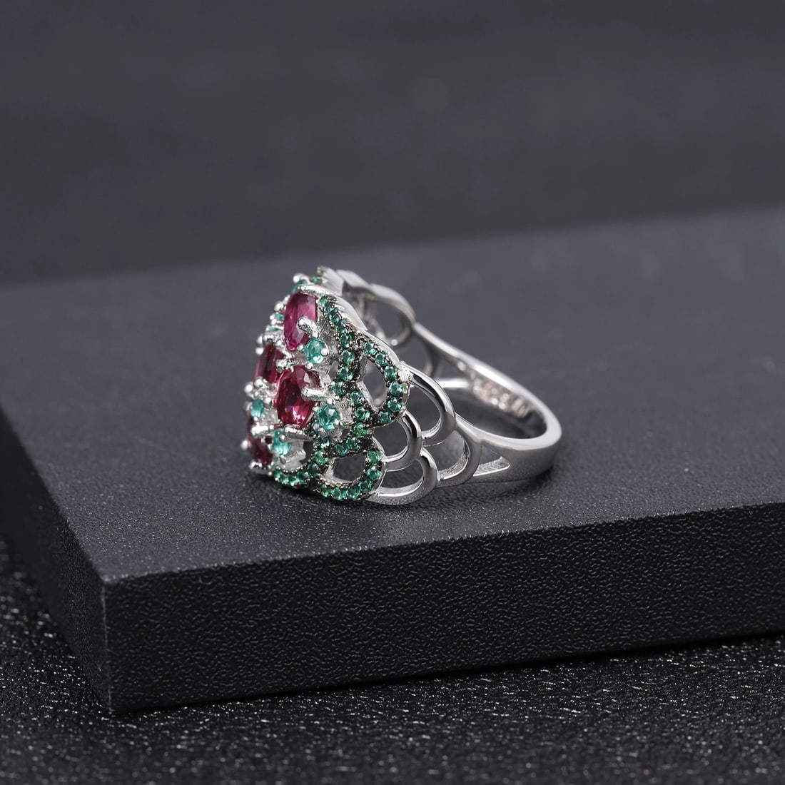 925 Sterling Silver Natural Rhodolite Garnet & Nano Emerald Ring - 4