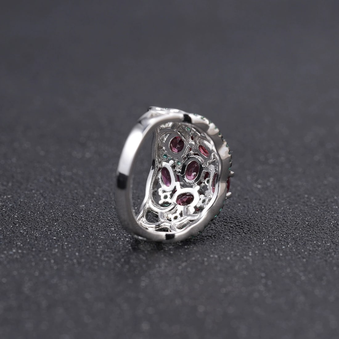 925 Sterling Silver Natural Rhodolite Garnet & Nano Emerald Ring - 5