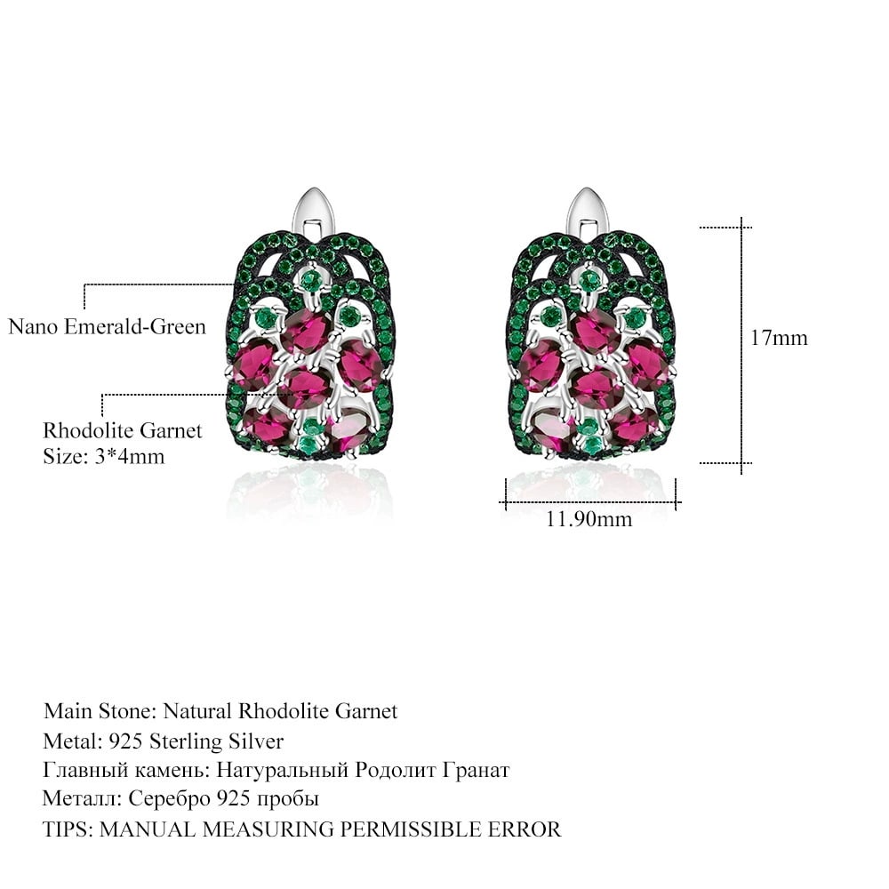 925 Sterling Silver Natural Rhodolite Garnet & Nano Emerald Earrings - 2