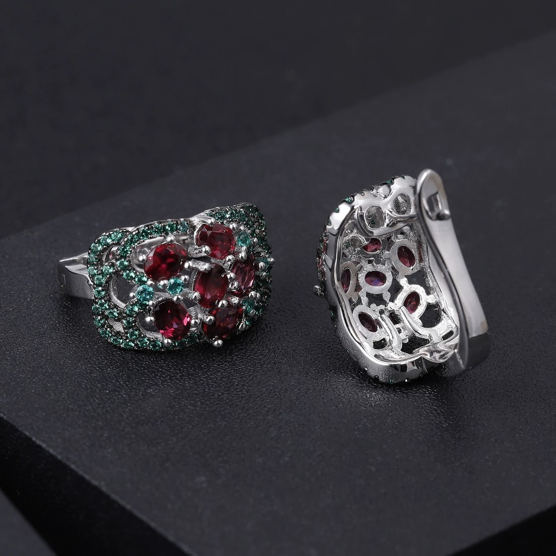 925 Sterling Silver Natural Rhodolite Garnet & Nano Emerald Earrings - 3