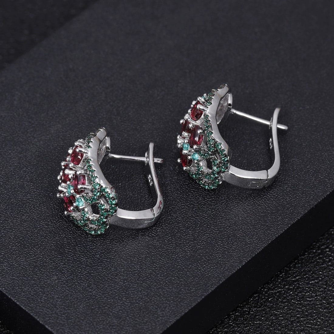 925 Sterling Silver Natural Rhodolite Garnet & Nano Emerald Earrings - 4