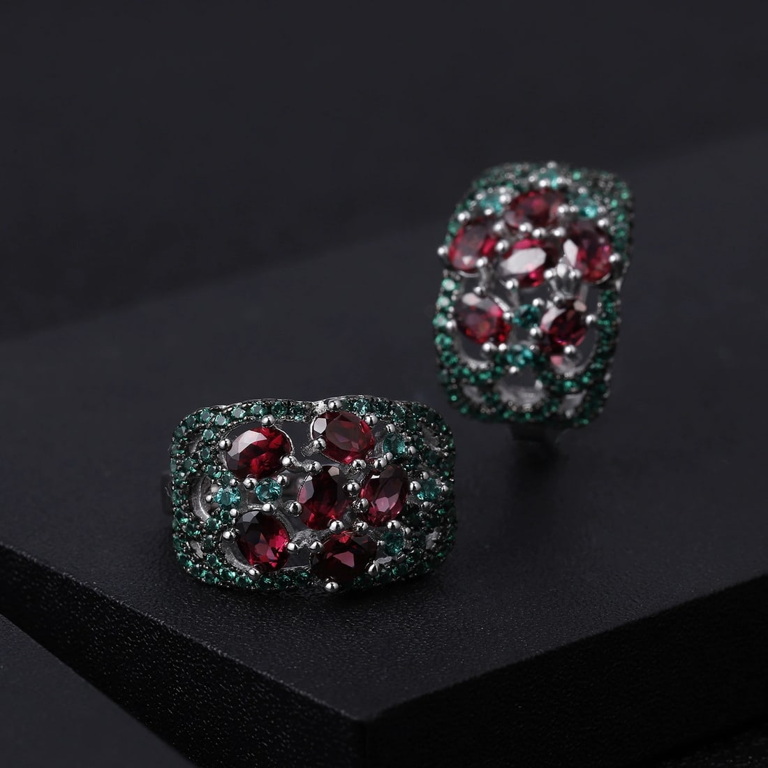 925 Sterling Silver Natural Rhodolite Garnet & Nano Emerald Earrings - 5
