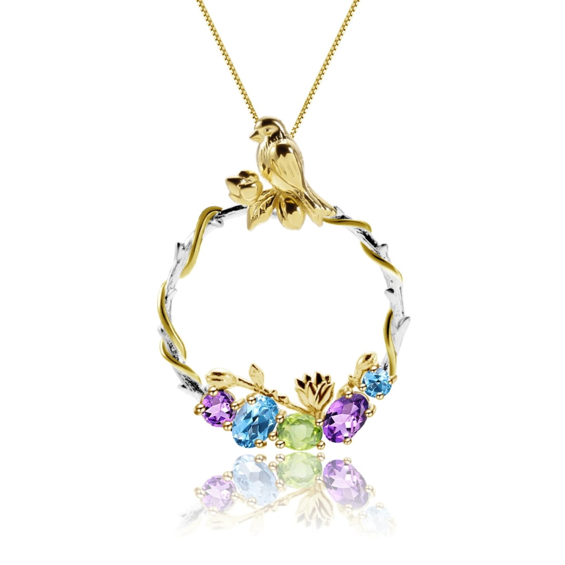 925 Sterling Silver Natural Amethyst & Topaz & Peridot & Bird Necklace: Ref:260821298 // gold content:925 sterling silver // main gemstone:amethyst // shape:multiple // carat weight: // color:purple // treatment:natural // // adjacent gemstone 2 : topaz // shape:multiple