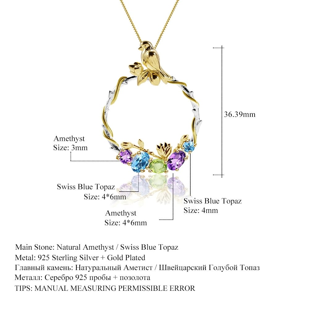 925 Sterling Silver Natural Amethyst & Topaz & Peridot & Bird Necklace - 2