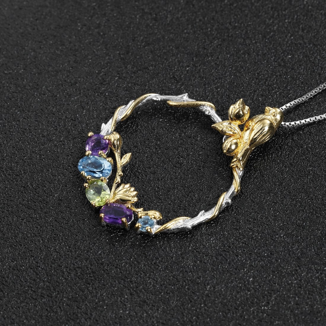 925 Sterling Silver Natural Amethyst & Topaz & Peridot & Bird Necklace - 3