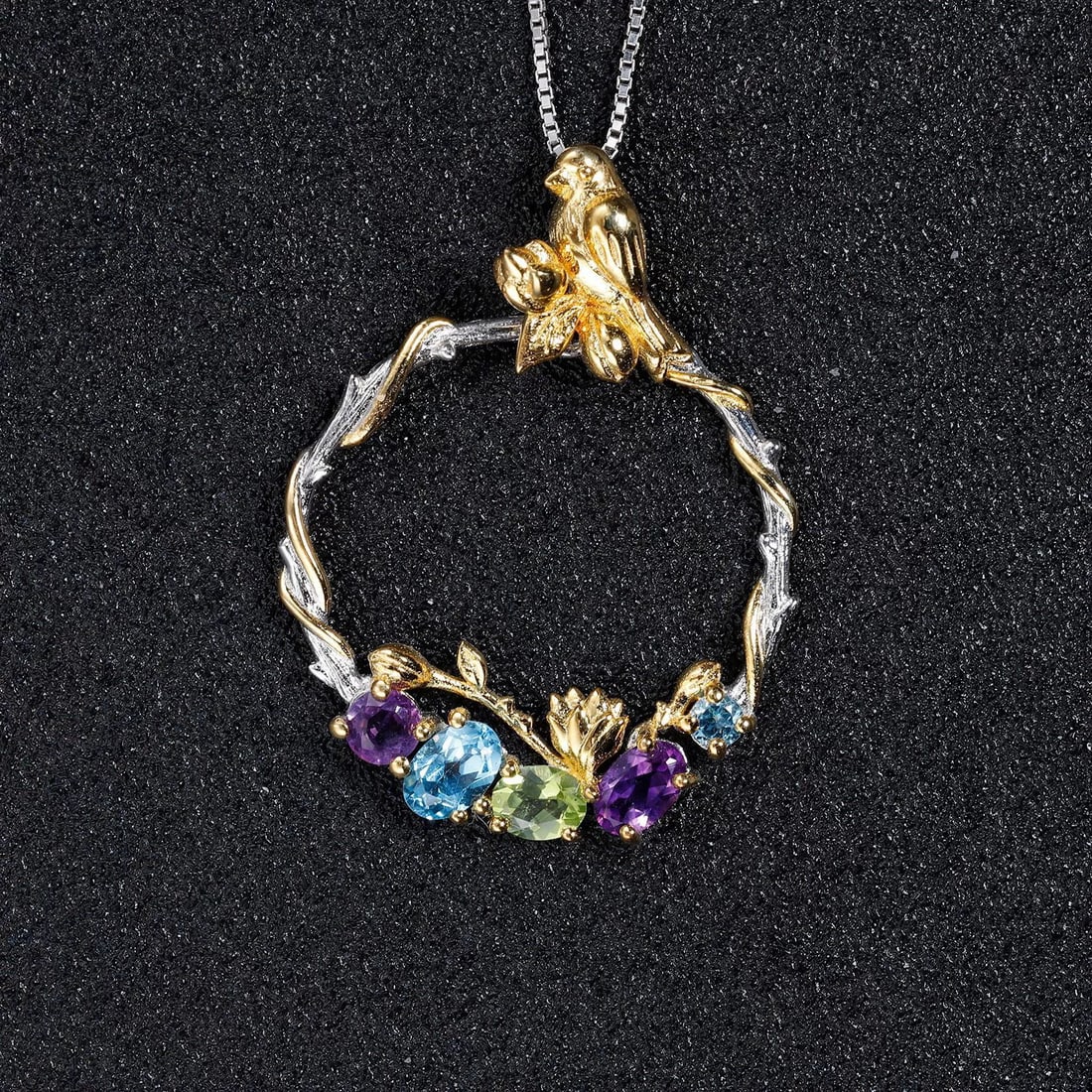 925 Sterling Silver Natural Amethyst & Topaz & Peridot & Bird Necklace - 4