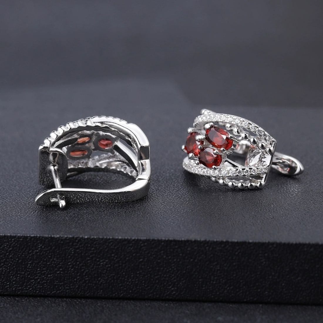 925 Sterling Silver Natural Garnet & Cubic Zirconia Earrings - 4