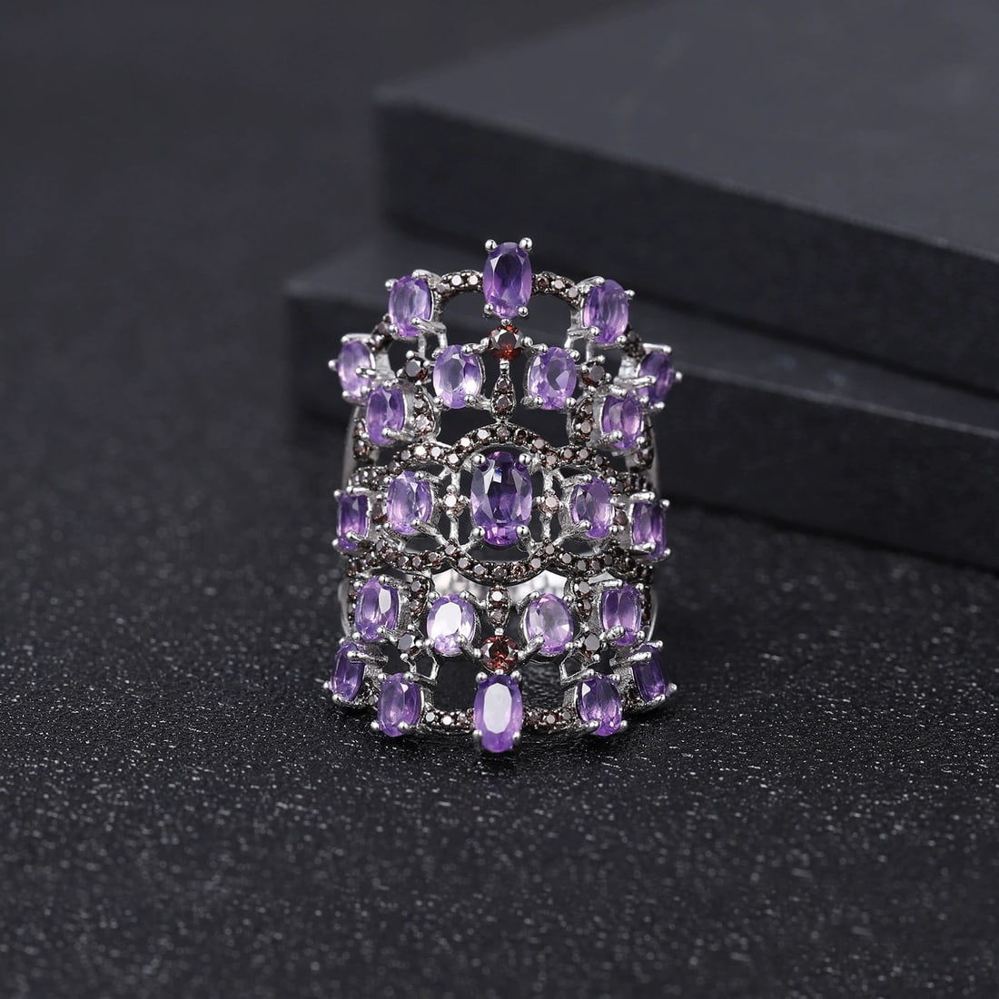 925 Sterling Silver Natural Amethyst & Nano Smoky Ring - 4