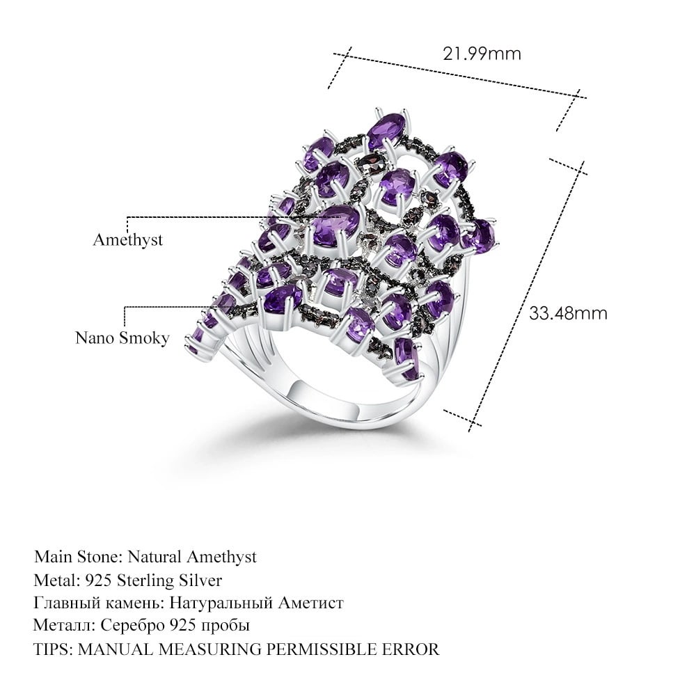 925 Sterling Silver Natural Amethyst & Nano Smoky Ring - 5