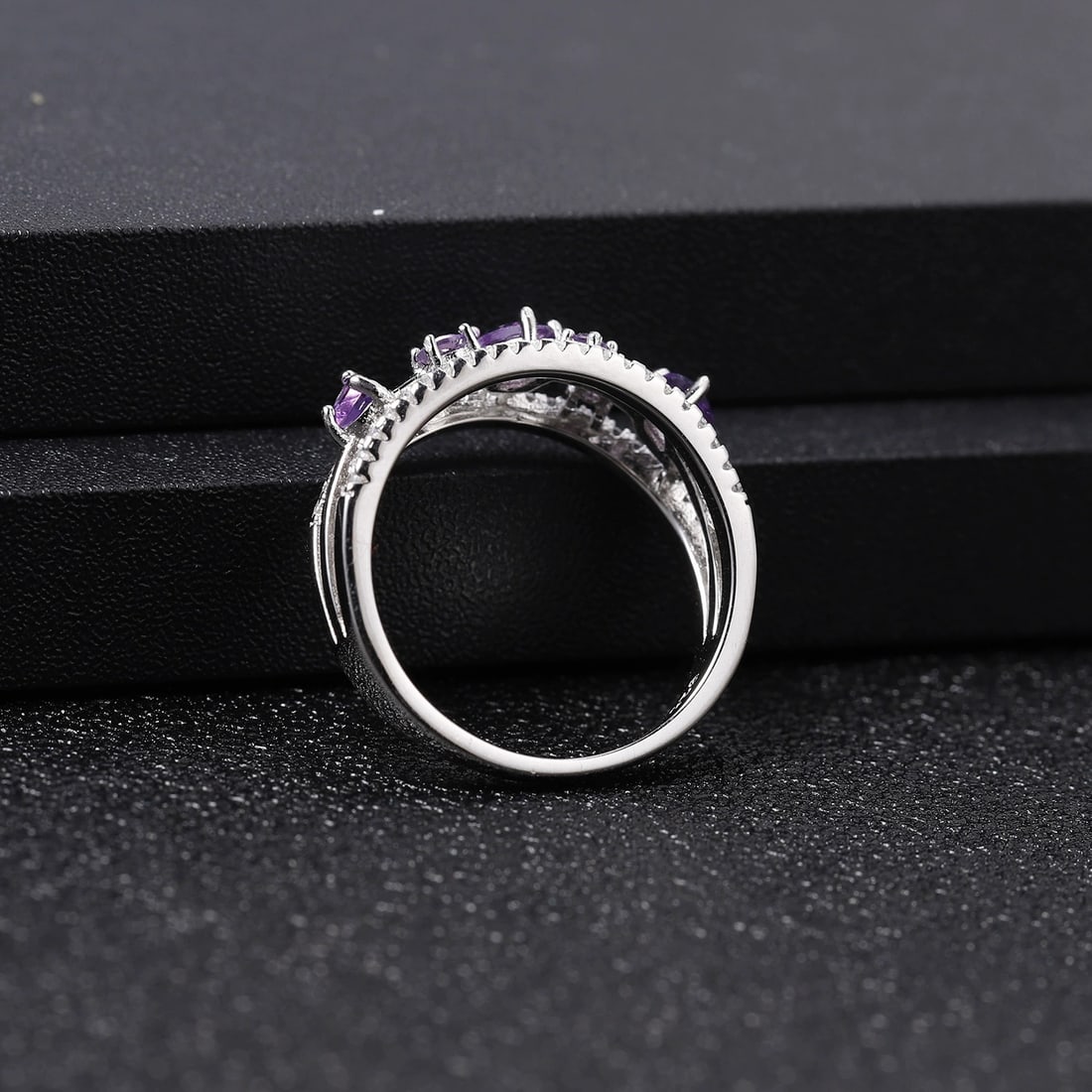 925 Sterling Silver Natural Amethyst & Cubic Zirconia Ring - 2