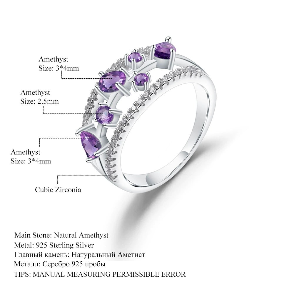925 Sterling Silver Natural Amethyst & Cubic Zirconia Ring - 3