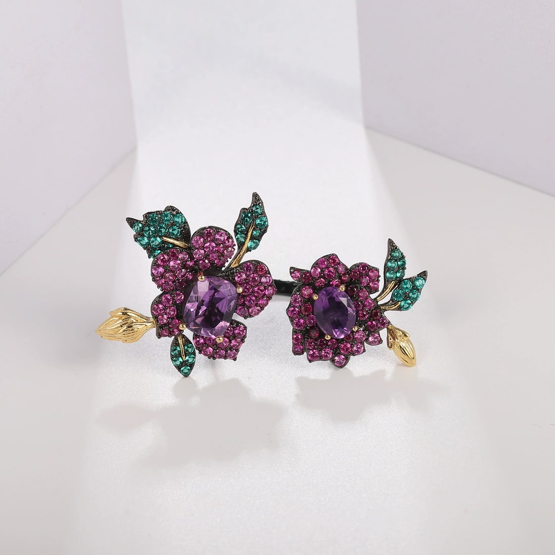 925 Sterling Silver Natural Citrine & Lab Created Ruby & Nano Emerald & Flowers Ring - 2