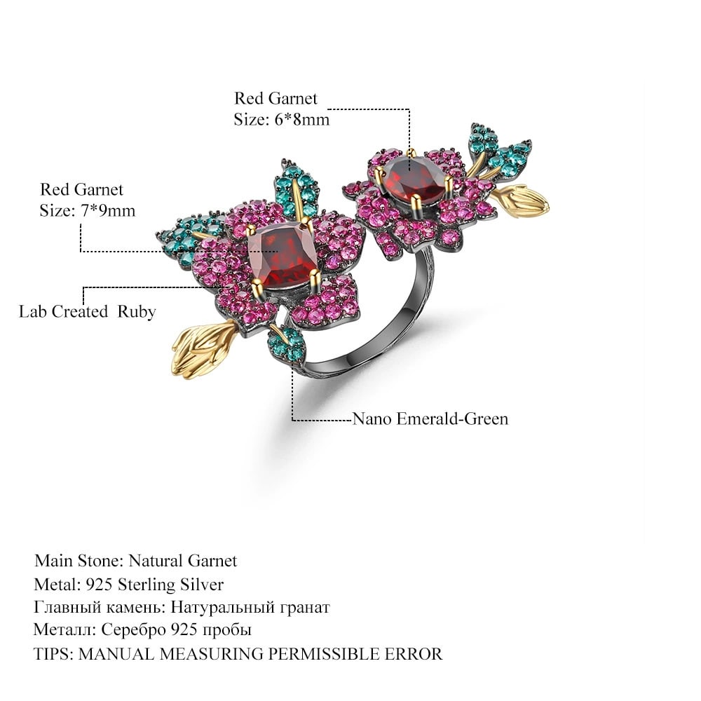 925 Sterling Silver Natural Citrine & Lab Created Ruby & Nano Emerald & Flowers Ring - 3