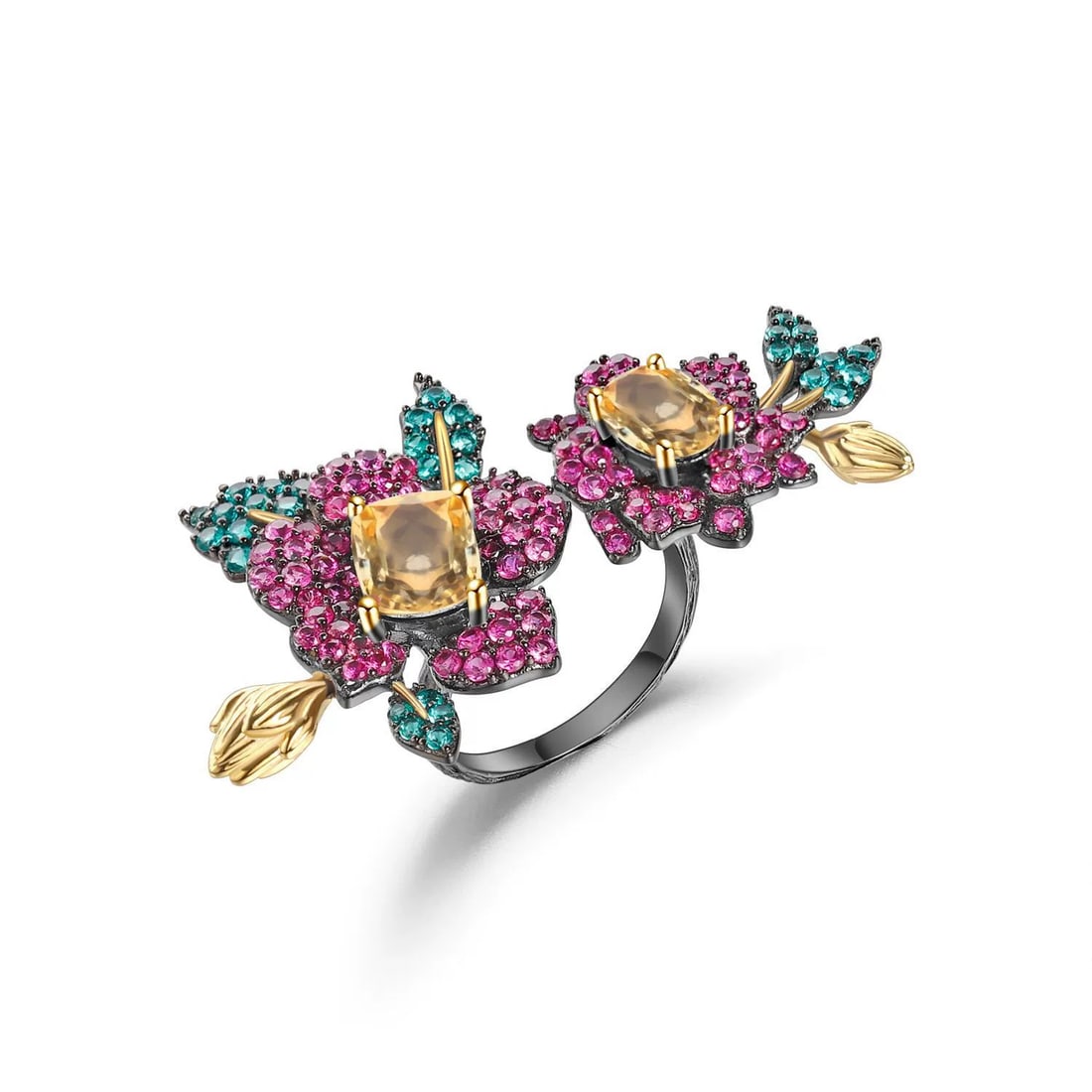 925 Sterling Silver Natural Citrine & Lab Created Ruby & Nano Emerald & Flowers Ring - 4