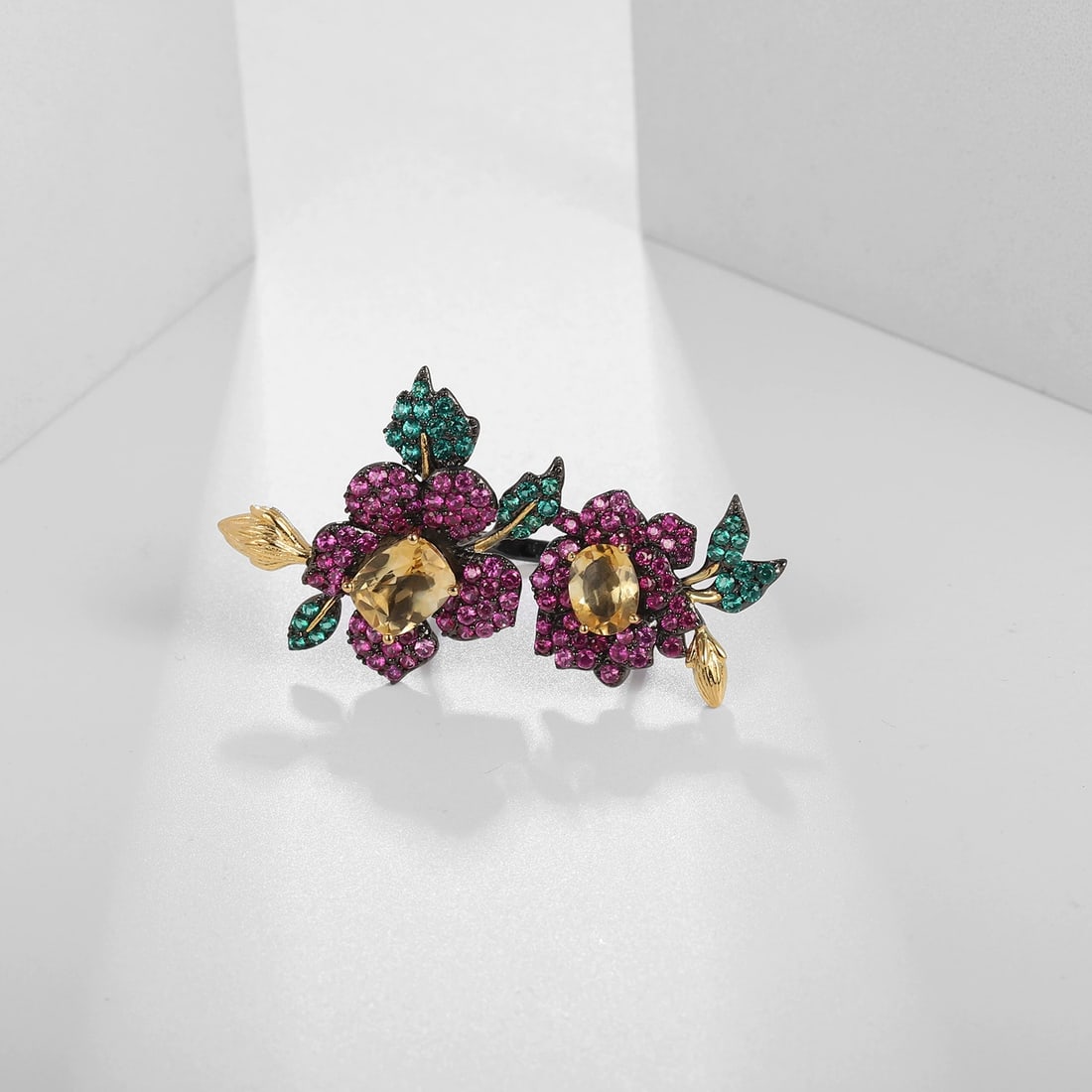 925 Sterling Silver Natural Citrine & Lab Created Ruby & Nano Emerald & Flowers Ring - 5
