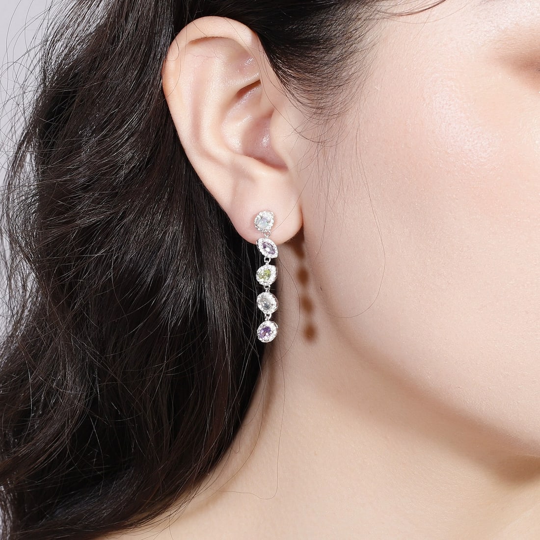 925 Sterling Silver Natural Amethyst & Opal & Peridot & Cubic Zirconia Earrings - 2