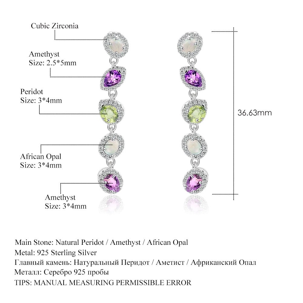 925 Sterling Silver Natural Amethyst & Opal & Peridot & Cubic Zirconia Earrings - 3