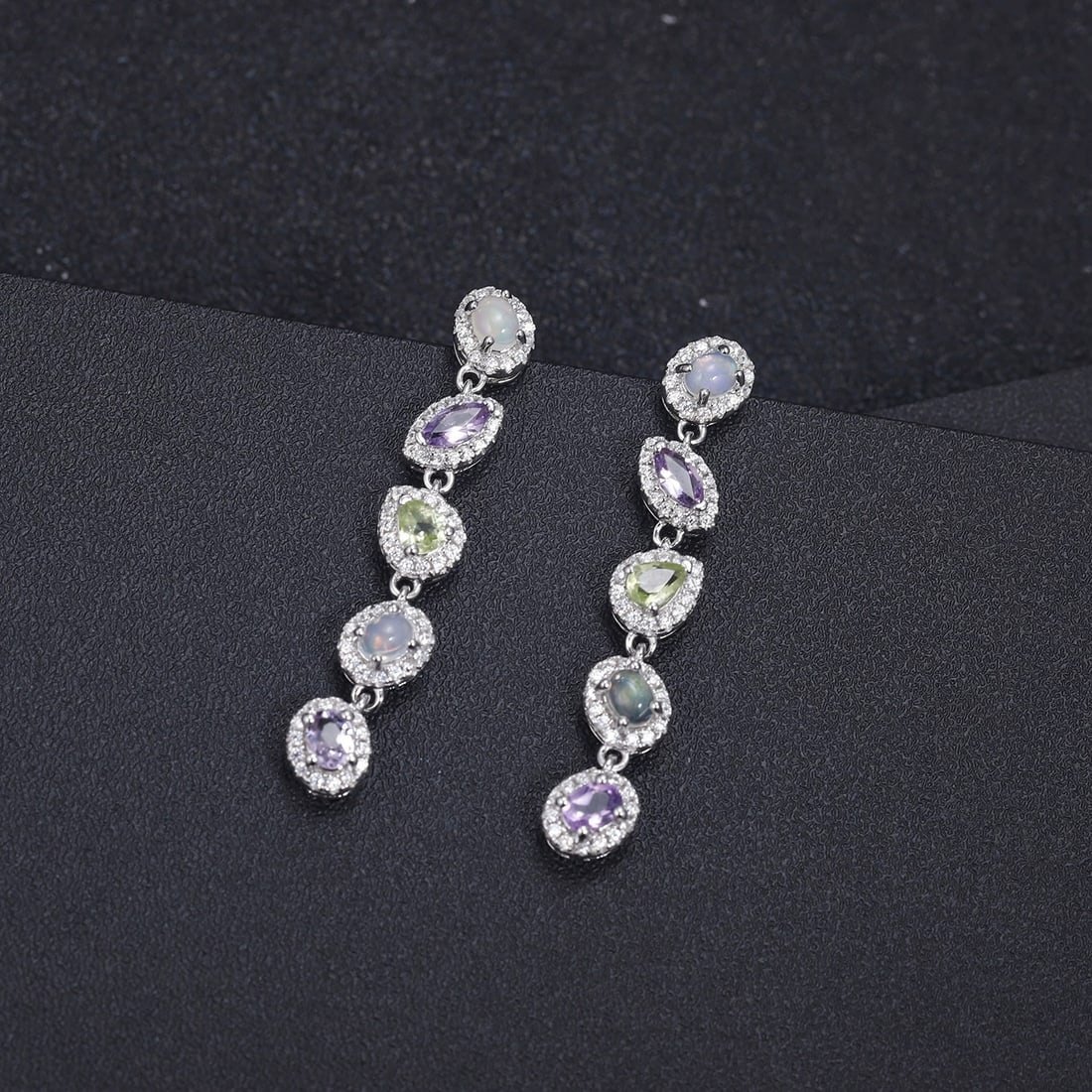 925 Sterling Silver Natural Amethyst & Opal & Peridot & Cubic Zirconia Earrings - 4