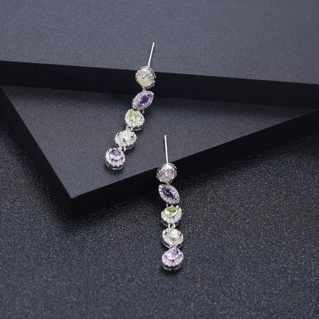 925 Sterling Silver Natural Amethyst & Opal & Peridot & Cubic Zirconia Earrings - 5